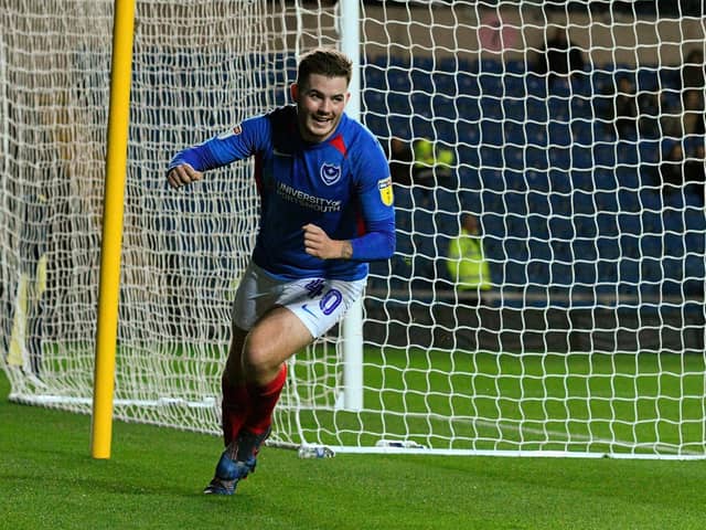 Bradley Lethbridge celebrates scoring for Pompey at Oxford United in October 2019 in the EFL Trophy. Picture: Graham Hunt