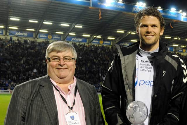 Steve Tovey at Fratton Park with Pompey favourite Hermann Hreidarsson in 2013 when the Icelandic player was given an award from the Pompey Supporters' Trust. Picture: Ian Hargreaves  (131047-3)