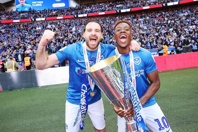 Skipper Brett Pitman and Jamal Lowe celebrate Pompey's Checkatrade Trophy success at Wembley. Picture: PinPep Media/Joe Pepler