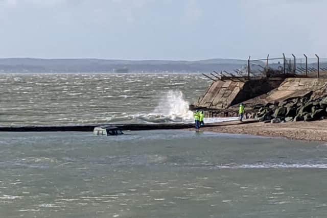 A Land Rover in Langstone Harbour. Portsmouth RNLI was called to the incident at 9.32am on Saturday, February 29. Picture: Joshua Boland