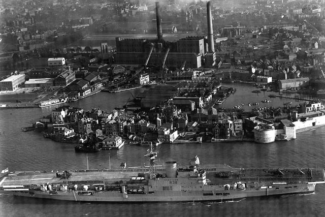 HMS Victorious leaves Portsmouth Harbour some time after 1950