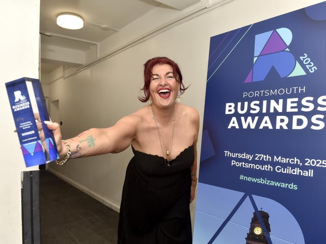 Lulu Whitmore celebrates winning the Outstanding Contribution to Business award.   Picture: Sarah Standing (270325-1369)