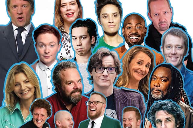 A collage of the stars coming to Catherington Comedy Festival, July 22-24, 2022