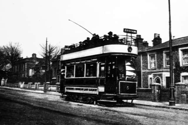 Car No. 5 passing through Waterlooville. Picture: Barry Cox postcard collection.