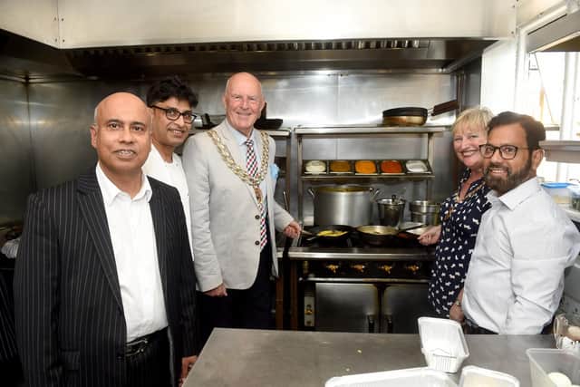From left, Mosud Ahmed, Abu's business partner, chef Pinak Deb, Mayor of Farehm Mike Ford, Mayoress of Fareham Anne Ford and Abu Suyeb-Tanzam, owner of Gandhi Indian Take Away Picture: Sarah Standing (200622-663)