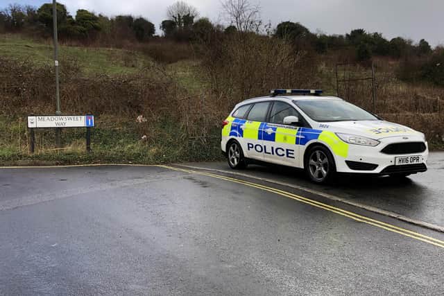 Police outside Meadowsweet Way, in Wymering, where a 17-year-old boy was stabbed. Photo: Tom Cotterill