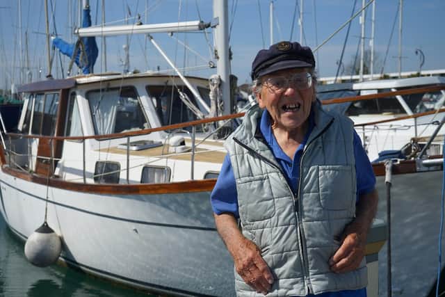 Maurice Owens, 97, lives onboard Old Possum in Haslar Marina. On Sunday, he walked the 170m pier 26 times, raising money for the NHS. 

Picture: Haslar Marina