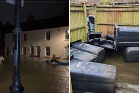 Left - kayaker in Langstone High Street and right - bins displaced by the flood at The Royal Oak.Credit: Penny Ingram/ contributed