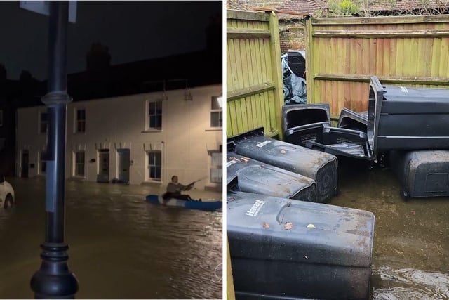 Left - kayaker in Langstone High Street and right - bins displaced by the flood at The Royal Oak.Credit: Penny Ingram/ contributed