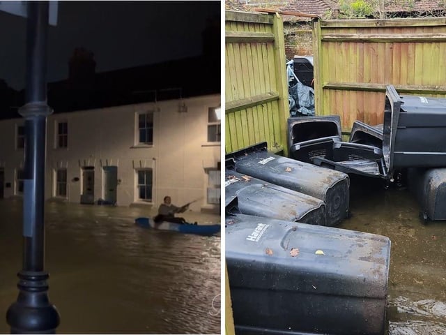 Left - kayaker in Langstone High Street and right - bins displaced by the flood at The Royal Oak.Credit: Penny Ingram/ contributed