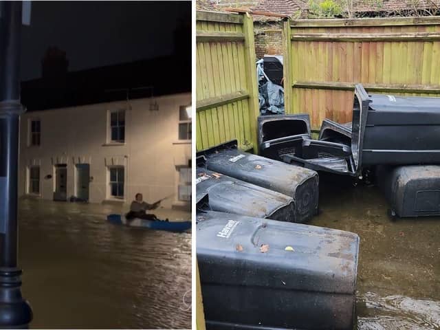 Left - kayaker in Langstone High Street and right - bins displaced by the flood at The Royal Oak.Credit: Penny Ingram/ contributed