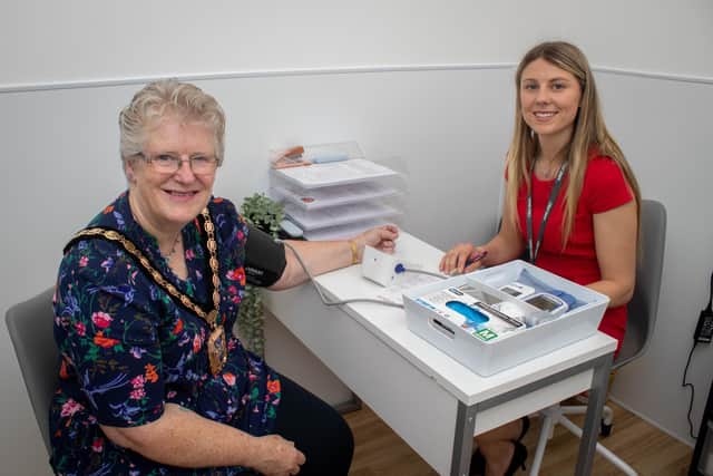Mayor of Havant Rosy Raines undergoes a health check by Emma George, community health and wellbeing manage, at the official 0pening of Horizon Wellbeing Hub in the Meridian Shopping Centre, Havant. Picture: Habibur Rahman