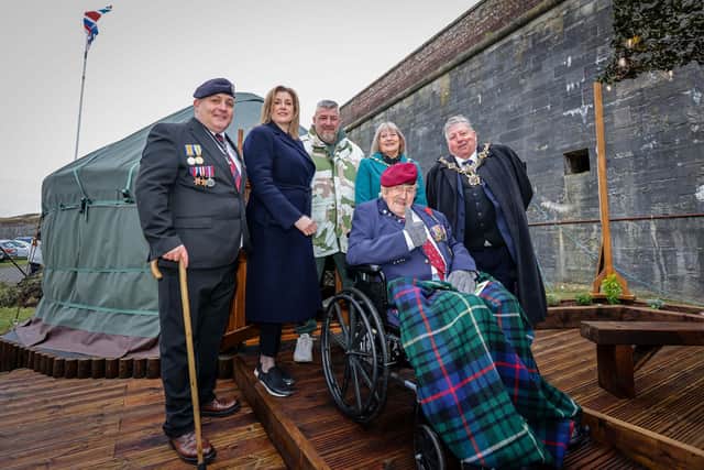 Forgotten Veterans UK officially opened and dedicated two new Yurts at Fort Cumberland providing accomodation for veterans. One of the Yurts is dedicated to Normandy veteran Arthur Bailey who attended the ceremony and is pictured with the Lord and Lady Mayoress Cllr Frank Jones and Joy Maddox, Gary Weaving of FVUK, Penny Mordaunt MP and FVUK ambassador Phil Campion.
