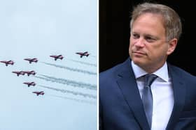The Red Arrows and defence secretary Grant Shapps. Picture: Habibur Rahman - DANIEL LEAL/AFP via Getty Images.