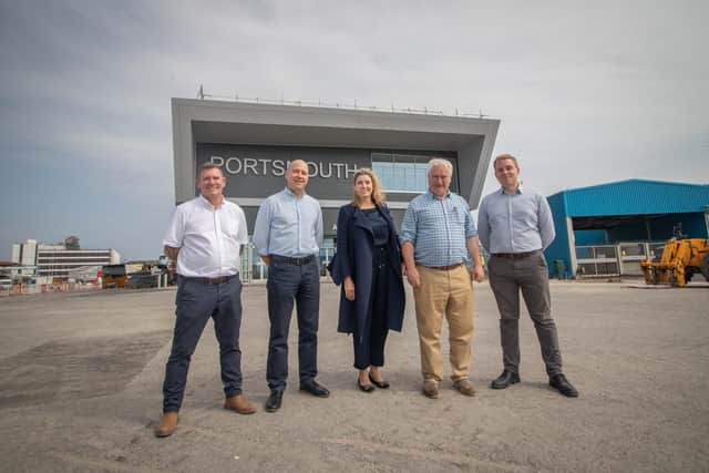 The new terminal at Portsmouth International Port has finally been completed. From L to R: Jason Ellam-Brown, principal project manager, Mike Sellers, Portsmouth International Port director, Penny Mordaunt, Portsmouth North MP, Cllr Gerald Vernon-Jackson and Andrew Williamson, head of cruise and ferry at the port.