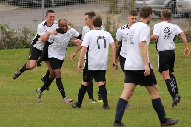 AFC Lakeside Refit celebrate a goal in their win against Cross Keys. Picture by Kevin Shipp