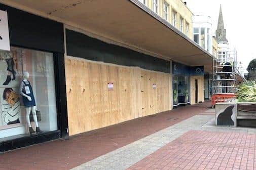 Boarded up shops in Palmerston Road, Southsea in 2018