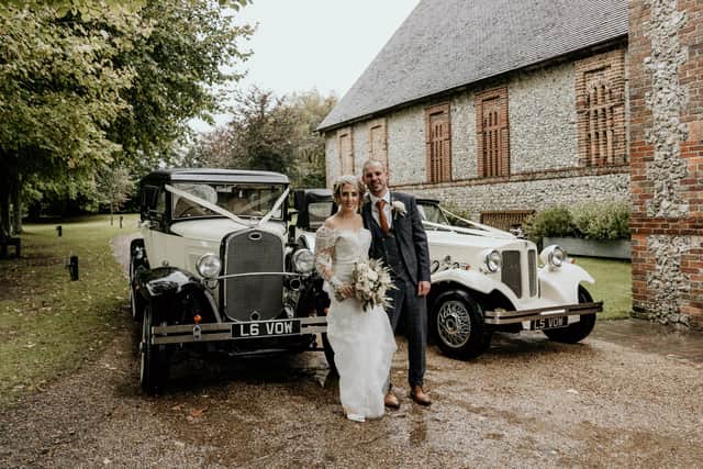 Amy and Craig Hughes outside The Tithe Barn, Petersfield.
Picture: Carla Mortimer Wedding Photography