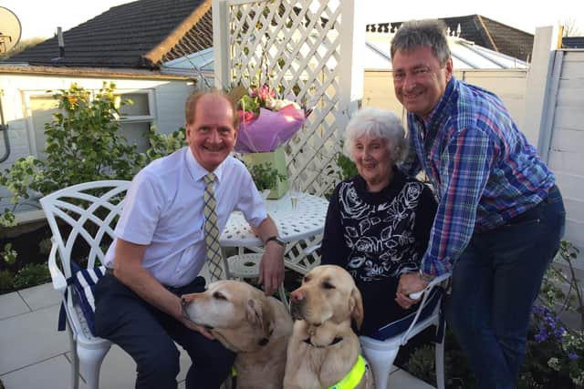 From left, Tom McInulty, dogs Brunel and Toby, Betty Richards and Alan Titchmarsh. Picture: Macular Society