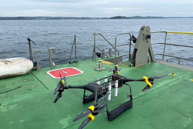 The Minerva T-80 drone has been tested by the Royal Navy in Portsmouth. The tech could one day be used to help rescue sailors that fall overboard. Photo: Royal Navy