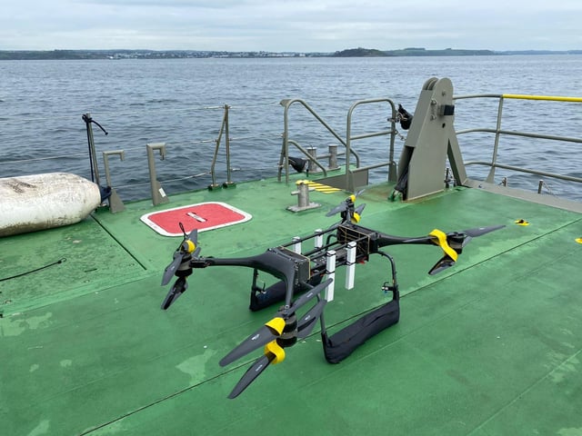 The Minerva T-80 drone has been tested by the Royal Navy in Portsmouth. The tech could one day be used to help rescue sailors that fall overboard. Photo: Royal Navy