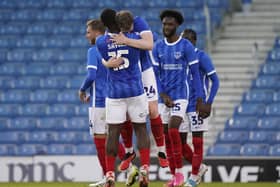 Scorer Terry Devlin celebrates with Christian Saydee following his maiden Pompey goal in the EFL Trophy encounter with Fulham. Picture: Jason Brown/ProSportsImages