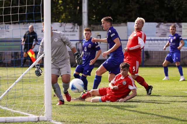 Portland clear this attack as Baffins pile on the pressure during their 8-1 victory. Picture: Chris Moorhouse