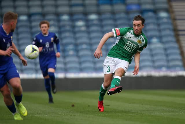 Conor Bailey, right, in action on his final Moneyfields appearance against Baffins Milton Rovers in last Thursday's Portsmouth Senior Cup final  at Fratton Park. Picture: Chris Moorhouse
