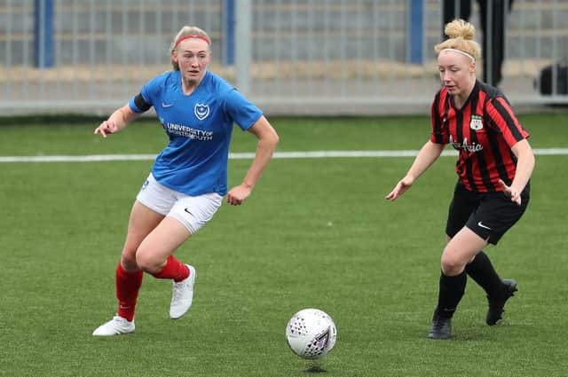Rosie McDonnell, left, in action for Pompey Women against Ebbsfleet earlier this season at Westleigh Park. Picture: Dave Haines.
