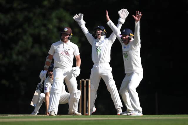 Lewis McManus appeals successfully for the wicket of Matt Dunn as Surrey slip to 74 all out. Photo by Alex Davidson/Getty Images.