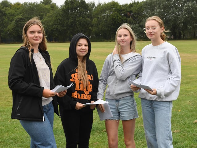 GCSE exam results day at King's Academy Brune Park in Gosport, Hampshire - 22/08/24.L-R Phoebie Hull, Olivia Cross, Maizie Williams, Charlotte Farquhar all 16Please credit: Paul Jacobs/pictureexclusive.com