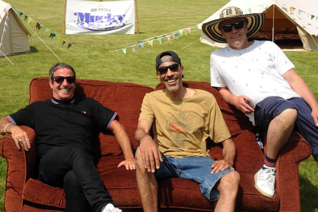 Launch for the Mucky Weekender Festival (September 10-11, 2021) at Vicarage Farm nr Winchester, with founder Barry Ashworth of Dub Pistols, Leeroy Thornhill (ex-The Prodigy) and Bez. Picture by Paul Windsor
