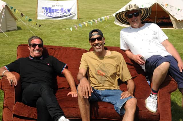 Launch for the Mucky Weekender Festival (September 10-11, 2021) at Vicarage Farm nr Winchester, with founder Barry Ashworth of Dub Pistols, Leeroy Thornhill (ex-The Prodigy) and Bez. Picture by Paul Windsor