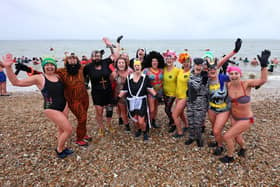 The 2023 Gafirs New Years Day Dip, an annual New Year's Day dip in the Solent. Pictured is action from the event.

1st January 2023

Photograph by Sam Stephenson, 07880 703135, www.samstephenson.co.uk.