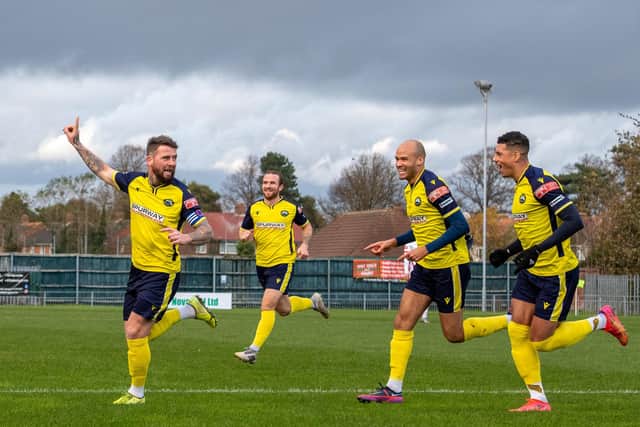 Ryan Woodford, left, celebrates giving Gosport the lead. Picture: Colin Farmery