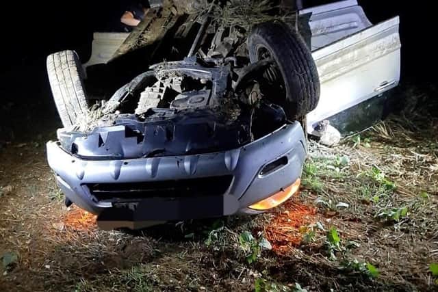 A vehicles found on its roof on as police clampdown on hare coursing. Pic: Hants police