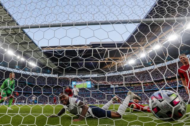 Raheem Sterling, seen here after England's semi-final leveller against Denmark, has been one of England's standout performers at Euro 2020. AP Photo/Frank Augstein.