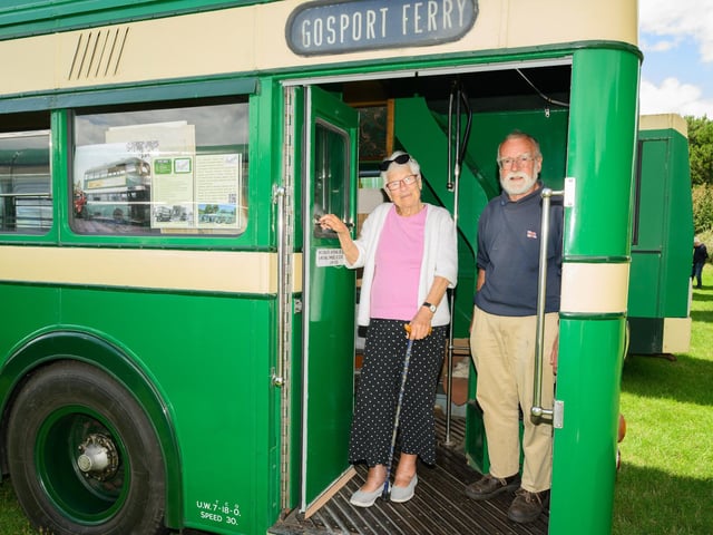 Pictured is: Betty Tosdeving with Tim Sherperton of the Gosport Provincial Society on board a 1943 Guy Arab bus bringing back memories for Betty.
Picture: Keith Woodland