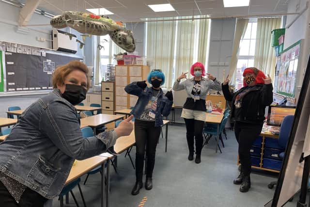 Lyndhurst Junior School teachers (left to right) Jeanette Van-Wyk, Sara Hadley, Julie Phillips and Sue Rodriguez dressed as rock stars for the day.