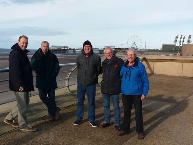 Mick Souter (second from the left) joins fellow Pompey fans at Blackpool ahead of a match