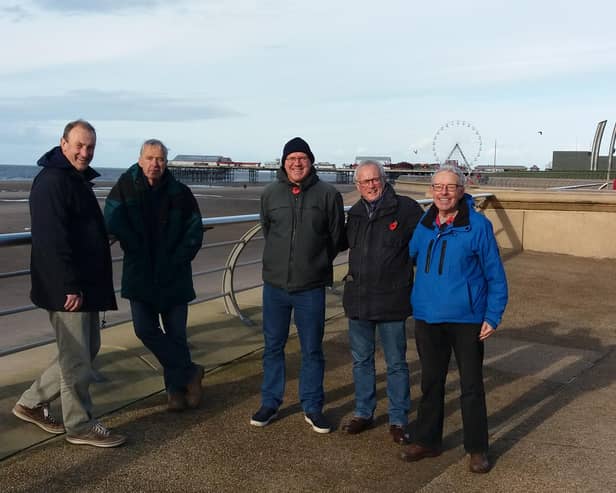 Mick Souter (second from the left) joins fellow Pompey fans at Blackpool ahead of a match