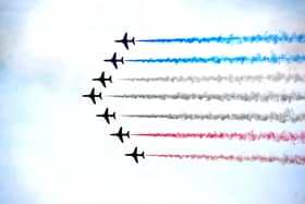 Red Arrows performing a flypast at the Goodwood Festival of Speed 2022. Pic S Robards SR2206232.
