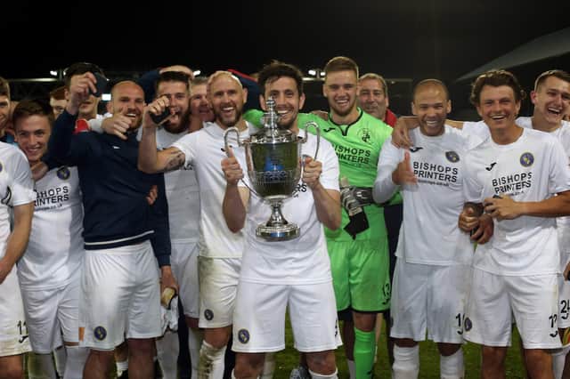 Hawks celebrate winning the Portsmouth Senior Cup final against AFC Portchester in May 2018. The 2019/20 tournament will be played to a finish once lockdown restrictions are eased at the end of this month. Picture: Chris Moorhouse