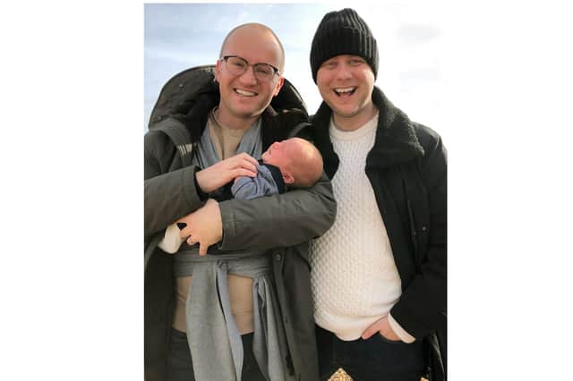 Scott and Joshua Turner-Griffiths with baby Ralph. Pictures: Joshua and Scott Turner-Griffiths.