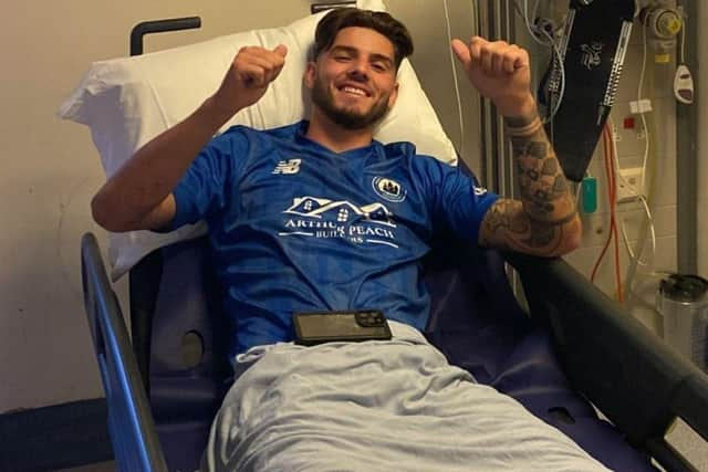 Baffins Milton Rovers FC captain Charlie Oakwell in Queen Alexandra Hospital after suffering a "horrendous" injury. Picture: Baffins Milton Rovers FC.