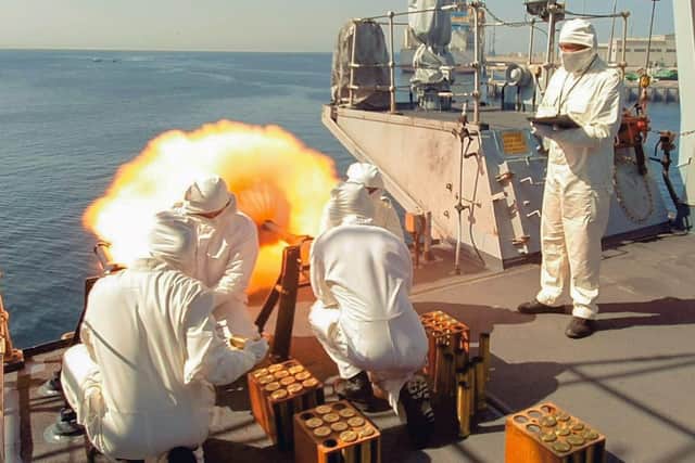 Sailors from HMS Montrose pictured during their explosive tribute to the Duke of Edinburgh from their current location in Oman. Photo: Royal Navy