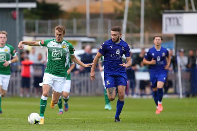 Moneyfields' James Franklyn, left, is put under pressure by Harry Sargeant. Picture: Chris Moorhouse (jpns 180821-29)