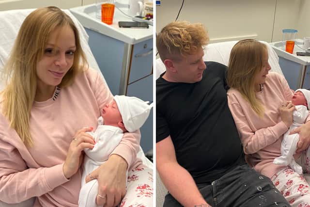 Jessica Powell and Ashley Twells with baby Ashley Junior Twells. Picture: QA Hospital