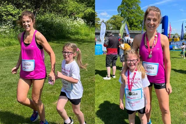 Piper Gandy raised £590 for Cancer Research after her grandad who was diagnosed with a fast growing brain tumour.
Pictured: Piper with her mum running the race