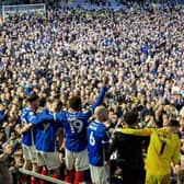 Pompey players celebrate with fans at Fratton Park